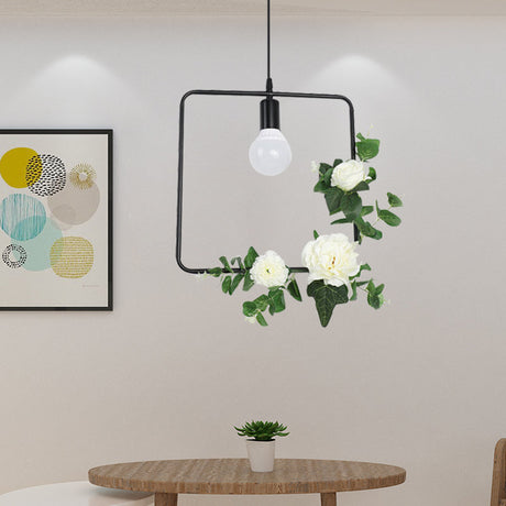 1 Bulb Artificial Flower Ceiling Pendant: Triangle/Round/Square Frame Loft Style Black Iron Down