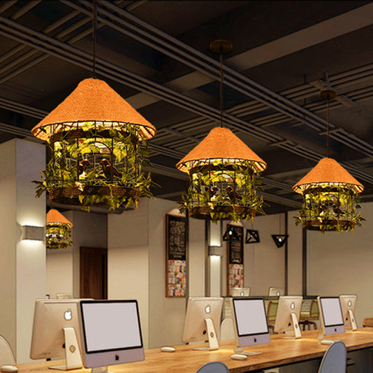 Vintage Black/Rust Finish House Pendant Ceiling Light With Rope Hanging And Flower/Vine Deco -