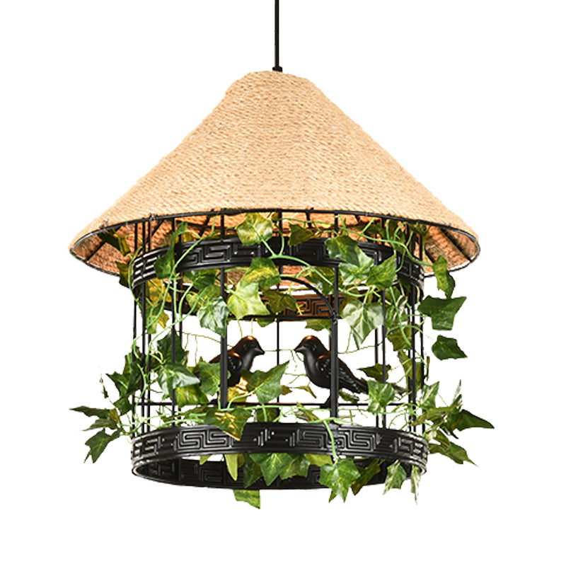 Vintage Black/Rust Finish House Pendant Ceiling Light With Rope Hanging And Flower/Vine Deco -