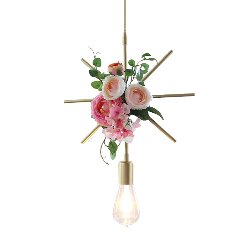 Metal Gold Ceiling Pendant With Artificial Flower: Industrial Hanging Light Fixture Frame Options