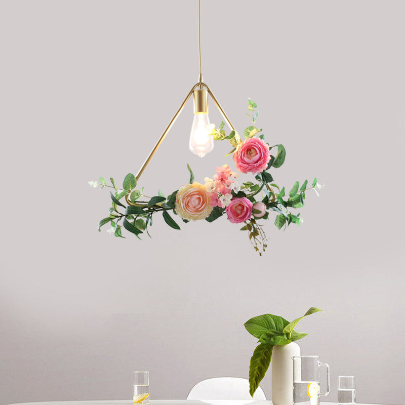 Metal Gold Ceiling Pendant With Artificial Flower: Industrial Hanging Light Fixture Frame Options