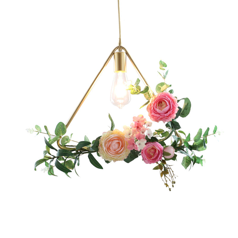 Metal Gold Ceiling Pendant With Artificial Flower: Industrial Hanging Light Fixture Frame Options