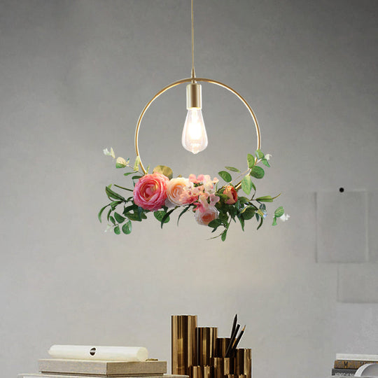 Metal Gold Ceiling Pendant With Artificial Flower: Industrial Hanging Light Fixture Frame Options