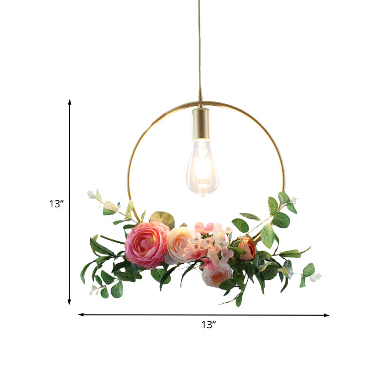 Metal Gold Ceiling Pendant With Artificial Flower: Industrial Hanging Light Fixture Frame Options