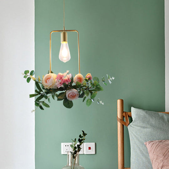 Metal Gold Ceiling Pendant With Artificial Flower: Industrial Hanging Light Fixture Frame Options