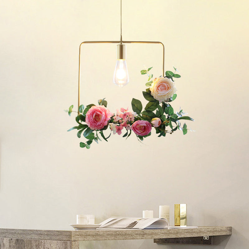 Metal Gold Ceiling Pendant With Artificial Flower: Industrial Hanging Light Fixture Frame Options