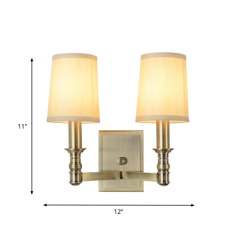 Country Corridor Wall Light Fixture With Brass Frame And Cylinder Fabric Shade