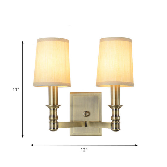 Country Corridor Wall Light Fixture With Brass Frame And Cylinder Fabric Shade
