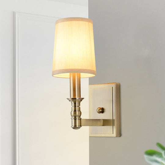Country Corridor Wall Light Fixture With Brass Frame And Cylinder Fabric Shade