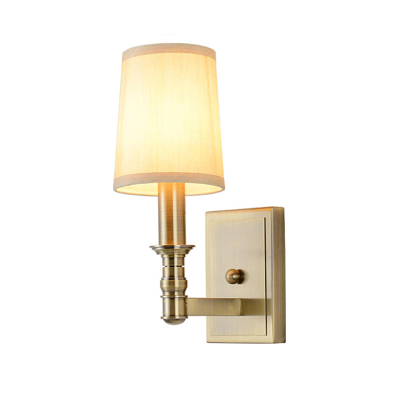 Country Corridor Wall Light Fixture With Brass Frame And Cylinder Fabric Shade