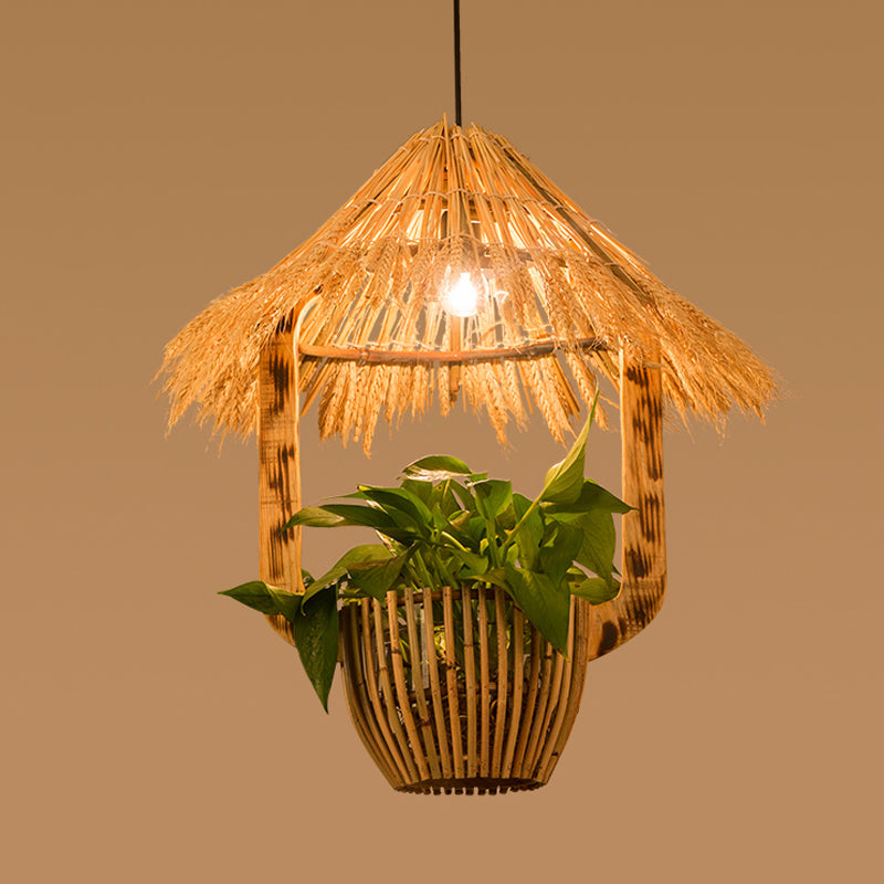 Industrial Brown Rattan Pendant Light For Restaurants - Hut Plant Pot Design