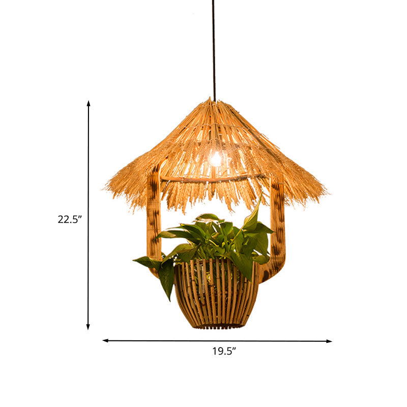 Industrial Brown Rattan Pendant Light For Restaurants - Hut Plant Pot Design