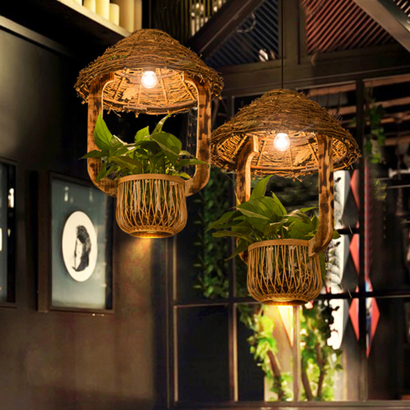 Industrial Brown Rattan Pendant Light For Restaurants - Hut Plant Pot Design / B