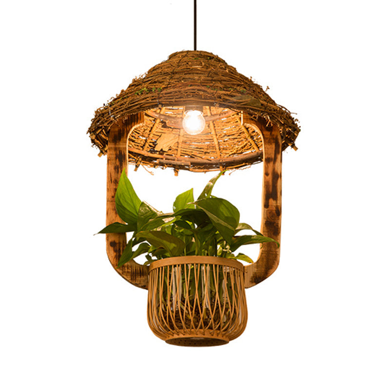 Industrial Brown Rattan Pendant Light For Restaurants - Hut Plant Pot Design