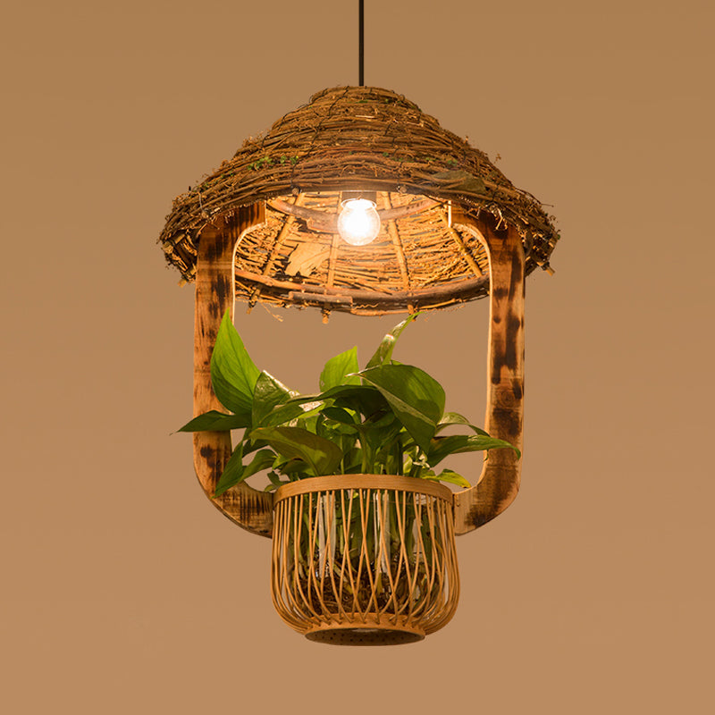 Industrial Brown Rattan Pendant Light For Restaurants - Hut Plant Pot Design