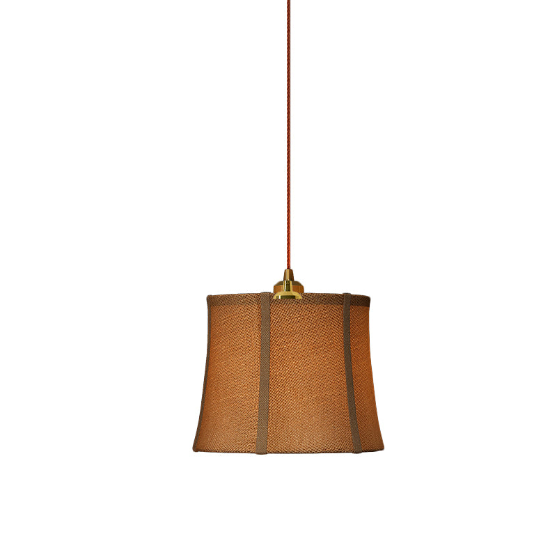 Country Brown Paneled Bell Pendant Light - Bedroom Suspension Lighting With Fabric Shade