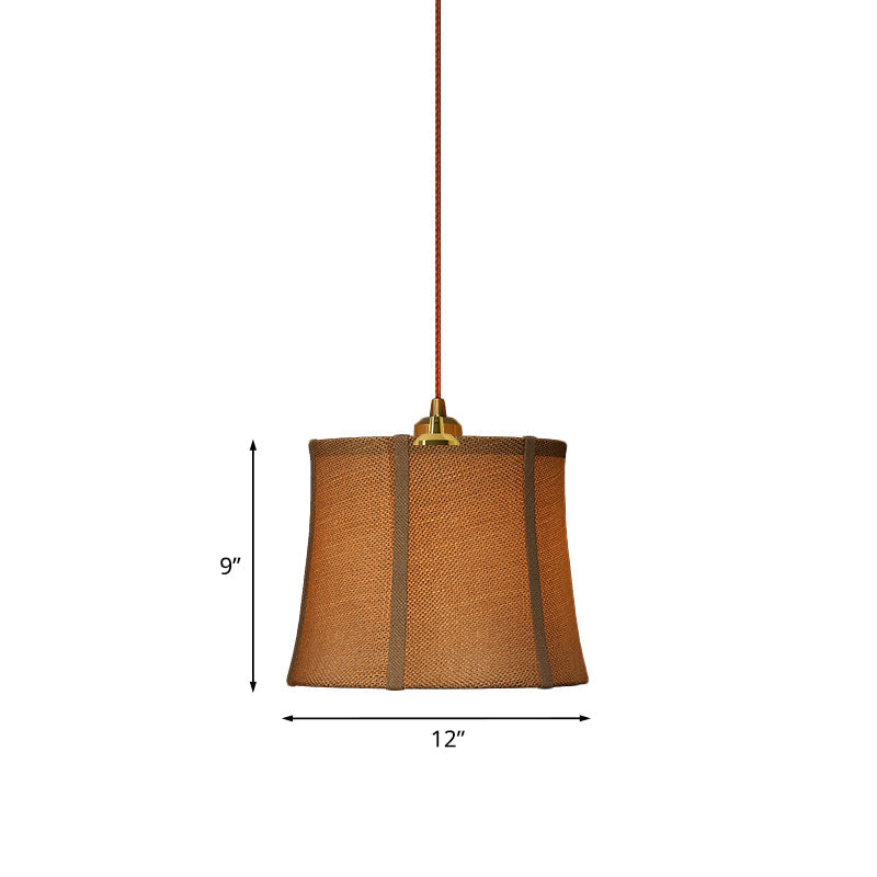 Country Brown Paneled Bell Pendant Light - Bedroom Suspension Lighting With Fabric Shade
