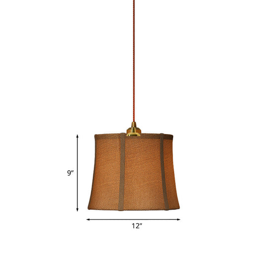 Country Brown Paneled Bell Pendant Light - Bedroom Suspension Lighting With Fabric Shade