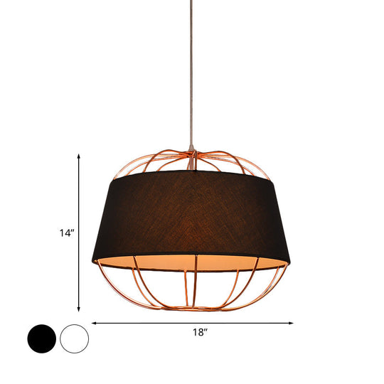 Country Style 1-Bulb Pendant Light Kit - Tapered Drum Fabric Hanging Lamp In White/Black With Wire