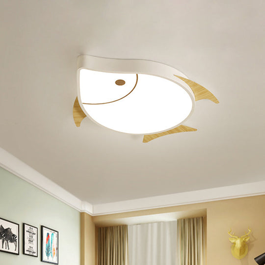 Kids’ Cartoon Fish Led Ceiling Lamp In White/Pink/Blue With Wood Accents