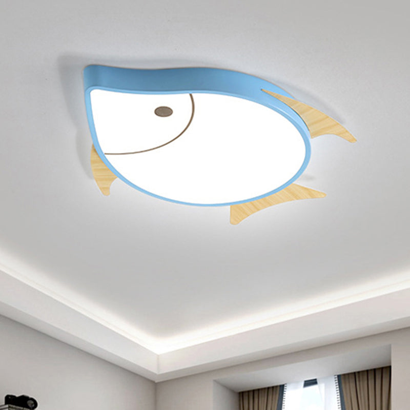 Kids Cartoon Fish Led Ceiling Lamp In White/Pink/Blue With Wood Accents Blue