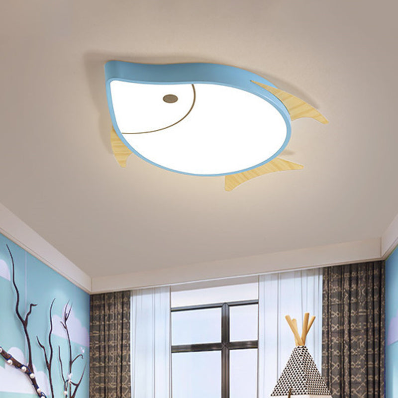 Kids’ Cartoon Fish Led Ceiling Lamp In White/Pink/Blue With Wood Accents