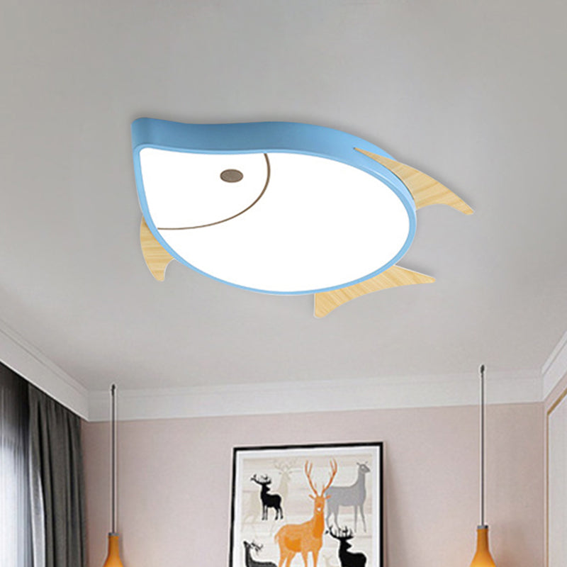 Kids Cartoon Fish Led Ceiling Lamp In White/Pink/Blue With Wood Accents
