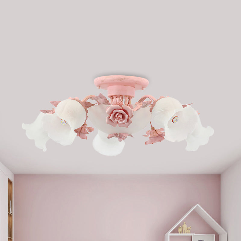 Pastoral Frosted Glass Flush Chandelier: Rose Blossom 7/11-Head Pink Ceiling Mount Light 7 /
