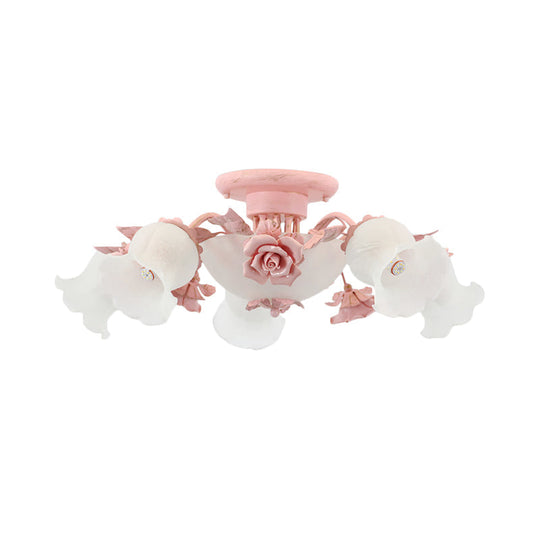 Pastoral Frosted Glass Flush Chandelier: Rose Blossom 7/11 - Head Pink Ceiling Mount Light