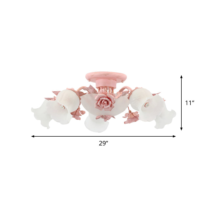 Pastoral Frosted Glass Flush Chandelier: Rose Blossom 7/11-Head Pink Ceiling Mount Light