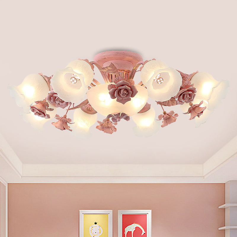 Pastoral Frosted Glass Flush Chandelier: Rose Blossom 7/11-Head Pink Ceiling Mount Light 11 /