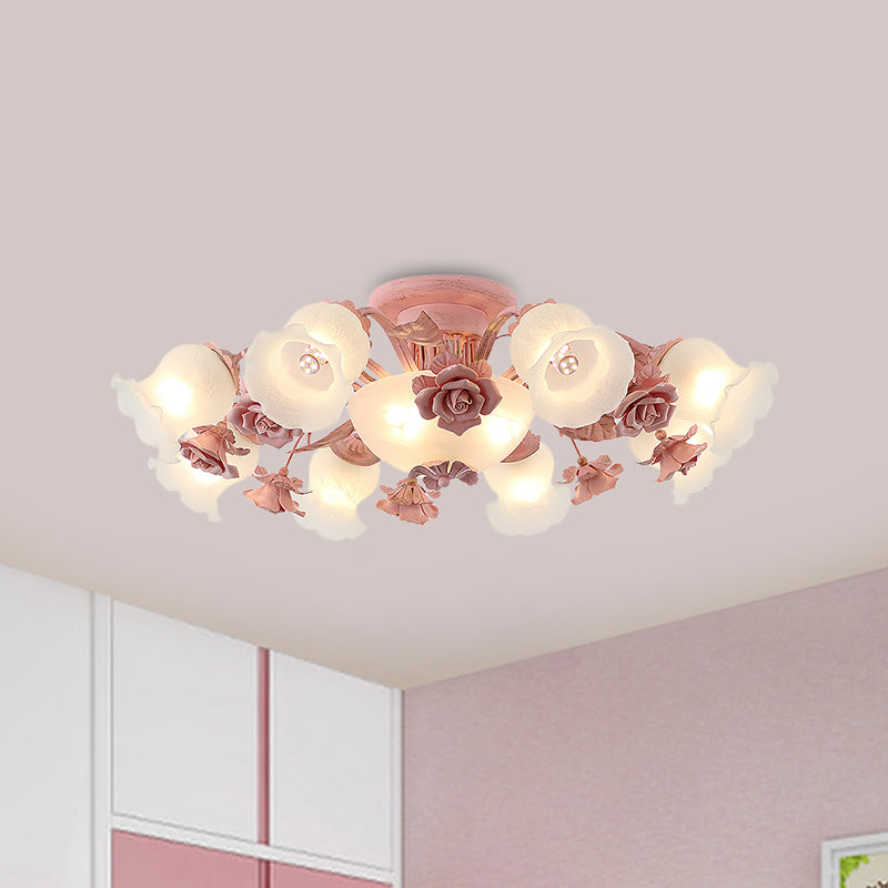 Pastoral Frosted Glass Flush Chandelier: Rose Blossom 7/11 - Head Pink Ceiling Mount Light