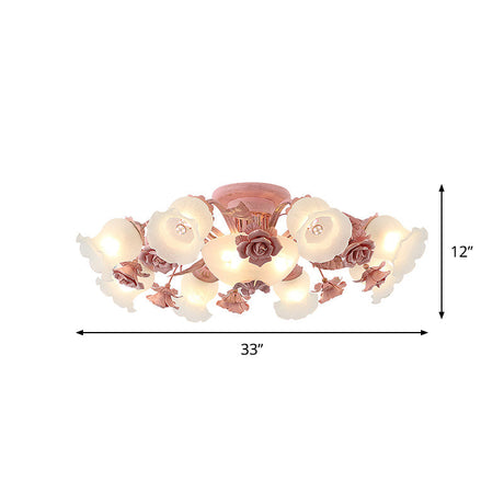Pastoral Frosted Glass Flush Chandelier: Rose Blossom 7/11-Head Pink Ceiling Mount Light
