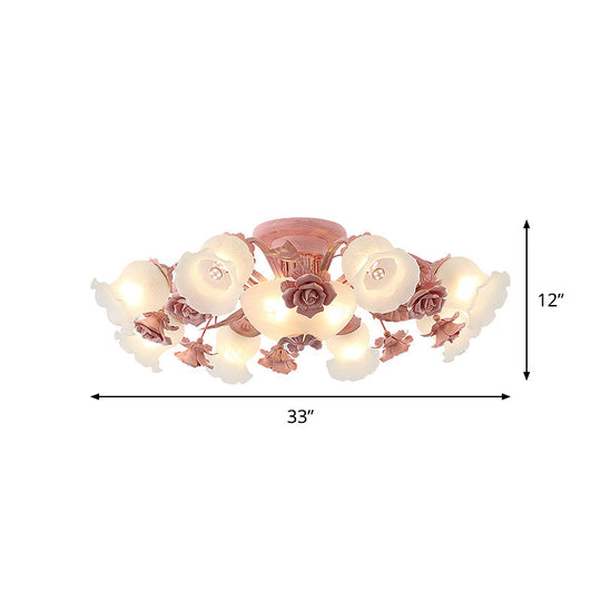 Pastoral Frosted Glass Flush Chandelier: Rose Blossom 7/11-Head Pink Ceiling Mount Light