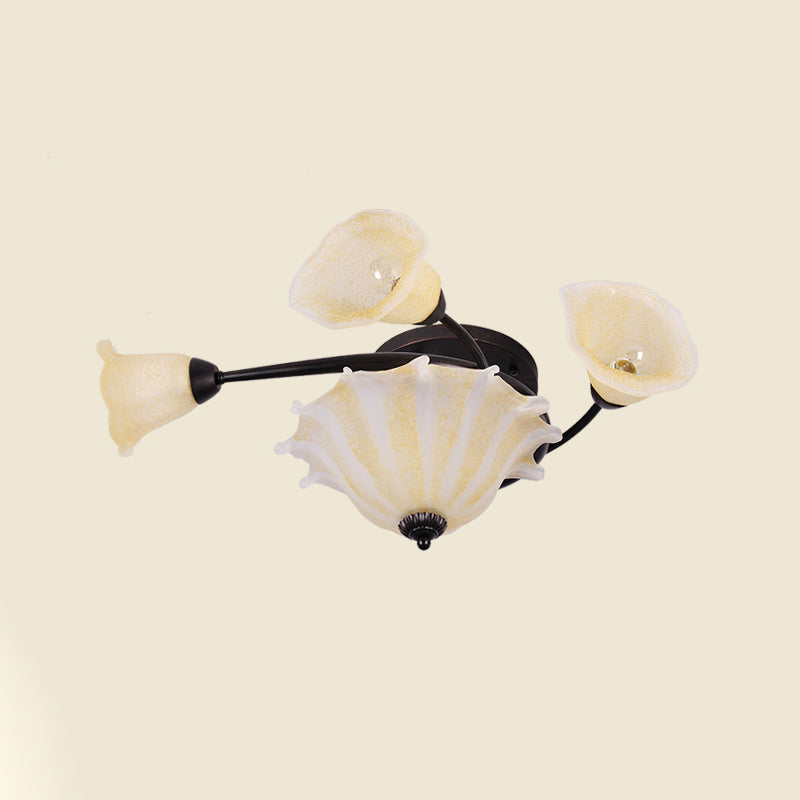 Countryside Whirled Frosted Glass Flush Mount Ceiling Lighting In Black - 3-Light Lamp