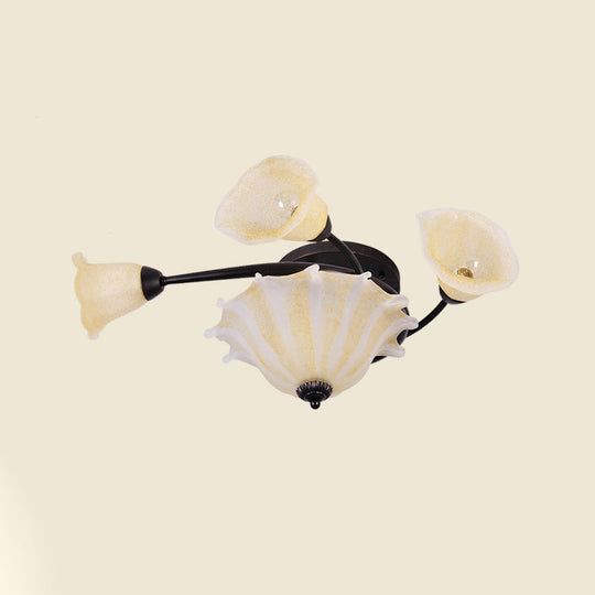 Countryside Whirled Frosted Glass Flush Mount Ceiling Lighting In Black - 3-Light Lamp