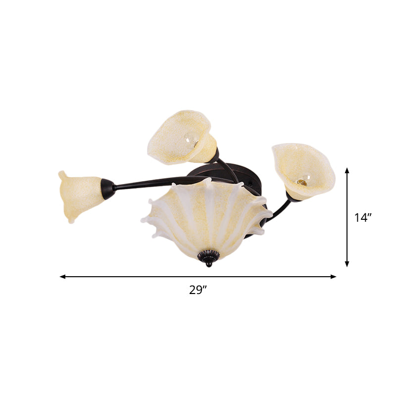 Countryside Whirled Frosted Glass Flush Mount Ceiling Lighting In Black - 3-Light Lamp