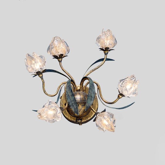 Countryside Flower Bud Wall Sconce Light - 6-Light Clear Glass In Antiqued Gold