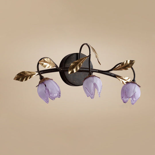 Glass Flowerbud Wall Sconce Light Fixture - Purple American Garden Design (3 Heads) For Bedroom