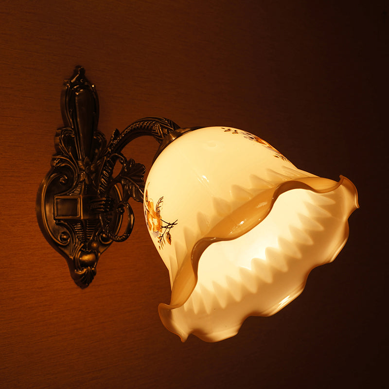 Hand Blown Opal Glass Bell Sconce Flower Wall Mounted Light In Bronze