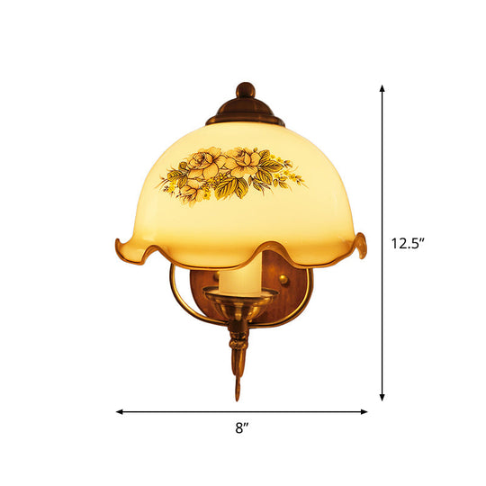 Ruffle-Trim Dome Tan Glass Wall Lamp With Studio Sconce Light In Wood - Single Bulb