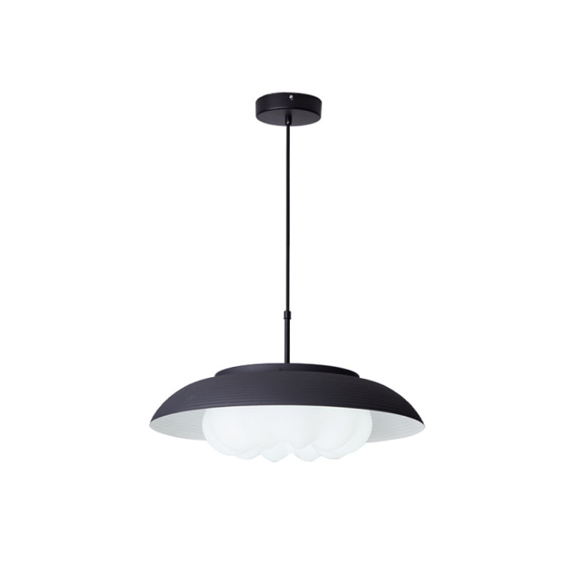 Macaron Wide Bowl Pendant Light - Black/Blue Iron Suspension Lamp With Inner Round Shade For Dining