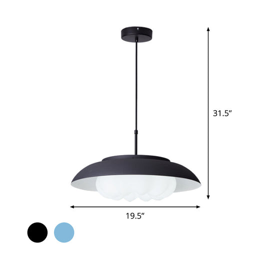 Macaron Wide Bowl Pendant Light - Black/Blue Iron Suspension Lamp With Inner Round Shade For Dining