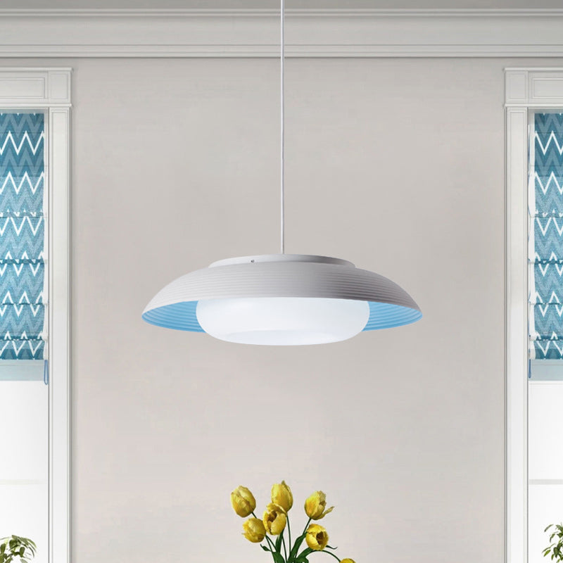 Macaron Wide Bowl Pendant Light - Black/Blue Iron Suspension Lamp With Inner Round Shade For Dining