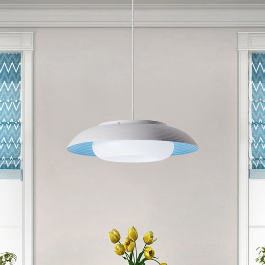 Macaron Wide Bowl Pendant Light - Black/Blue Iron Suspension Lamp With Inner Round Shade For Dining