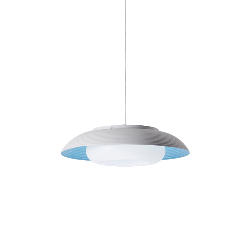 Macaron Wide Bowl Pendant Light - Black/Blue Iron Suspension Lamp With Inner Round Shade For Dining