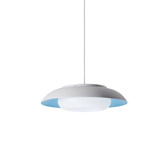 Macaron Wide Bowl Pendant Light - Black/Blue Iron Suspension Lamp With Inner Round Shade For Dining