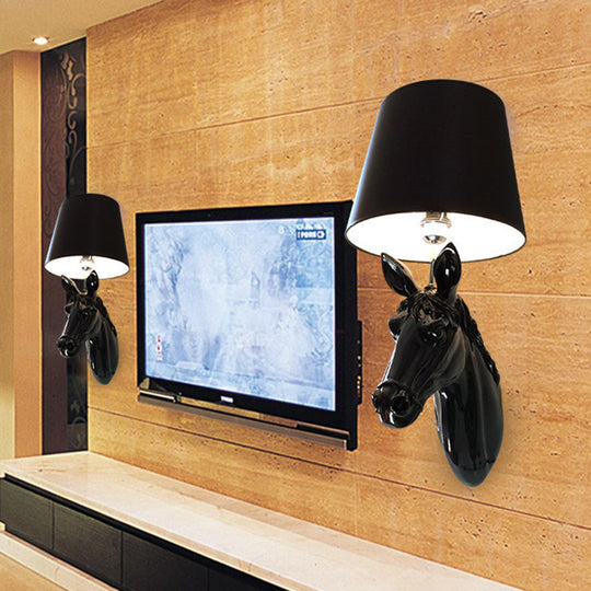 Countryside Horse Head Wall Sconce Light With Conical Lampshade Black/White