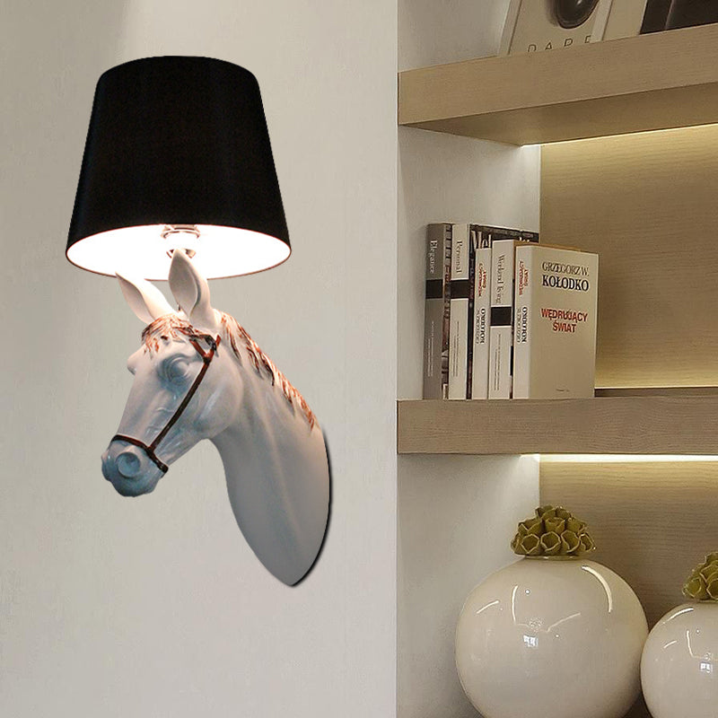 Countryside Horse Head Wall Sconce Light With Conical Lampshade Black/White