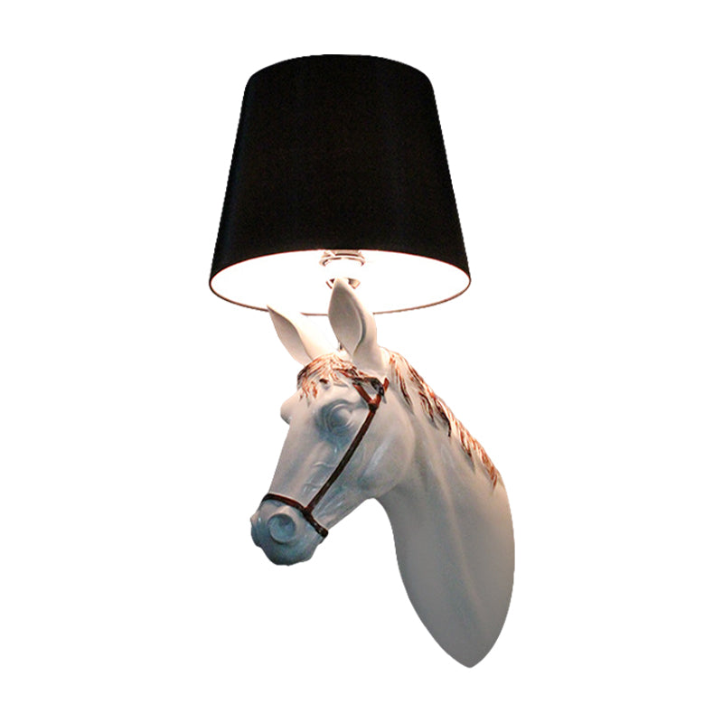 Countryside Horse Head Wall Sconce Light With Conical Lampshade Black/White